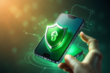 Imagem de um smartphone exibindo um aplicativo antivírus em funcionamento, simbolizando proteção contra malware.