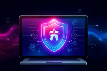 Imagem de um celular sendo protegido contra vírus, mostrando ícones de limpeza e aceleração.