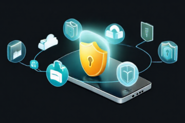 Ilustração de um smartphone com escudo de proteção simbolizando segurança digital.
