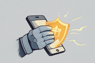 Imagem de um smartphone com ícones de segurança e antivírus, simbolizando a proteção cibernética gratuita.