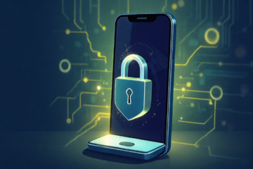 Imagem de um smartphone com ícone de aplicativo antivírus mostrando proteção