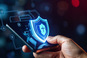 Ilustração de smartphone com aplicativo antivírus gratuito ativo, representando segurança e proteção digital.