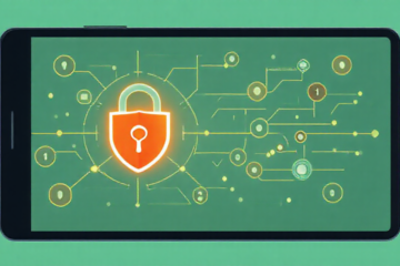 Ilustração de um celular protegido por um firewall digital e ícone de antivírus.