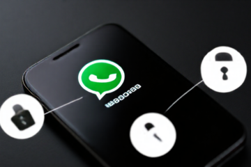 Ilustração de um smartphone exibindo o aplicativo WhatsApp com ícones de segurança e backup ao redor.