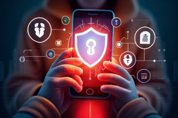 Imagem de um smartphone com aplicativo antivírus em execução, destacando proteção e segurança.