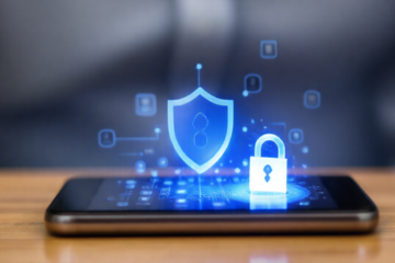 Representação gráfica de um aplicativo antivírus protegendo um smartphone.