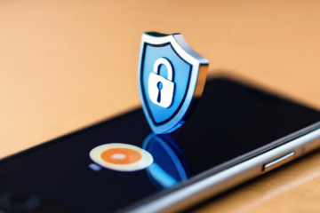 Imagem de um smartphone exibindo uma interface de aplicativo antivírus para proteção contra malware.