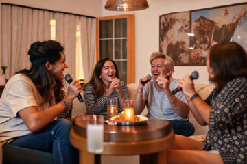 Família se divertindo em casa usando aplicativo de karaokê, rodeada por um ambiente alegre e musical.