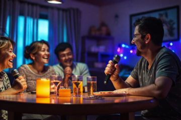 Família se divertindo com aplicativo de karaokê, usando microfone em casa