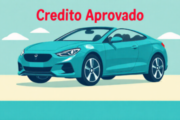 Ilustração de um carro novo, destacado por um selo de 'crédito aprovado' e gráficos de taxas de juros e parcelamento.