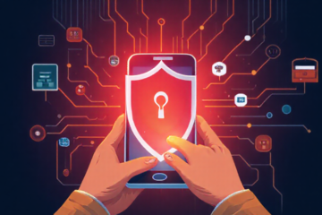 Ilustração de um smartphone com proteção antivírus ativa, destacando segurança e limpeza de spyware.