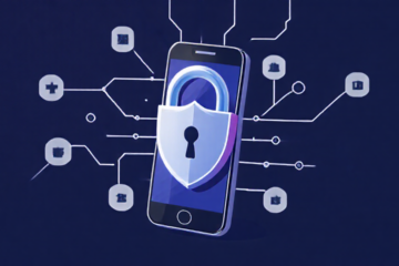 Imagem mostrando um smartphone com uma tela de antivírus ativo, destacando a segurança móvel.