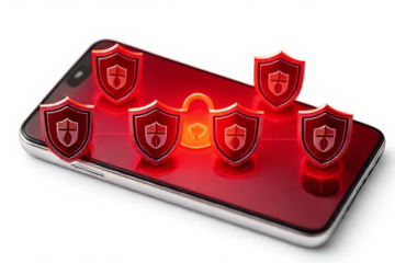 Ilustração de aplicativo antivírus gratuito protegendo smartphone contra spywares.