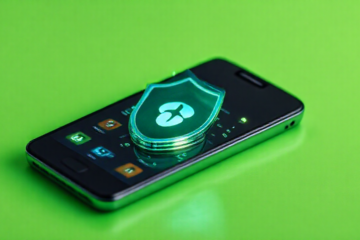 Imagem de um smartphone protegido por aplicativos antivírus, destacando a segurança digital.