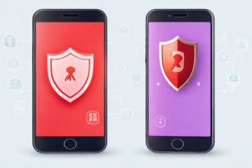 Imagem de um smartphone com aplicativo antivírus e firewall em destaque