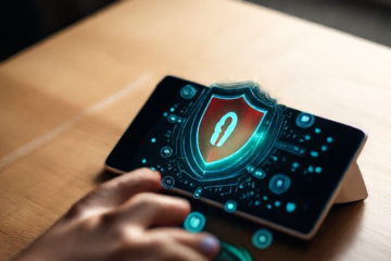 Imagem de um smartphone com aplicativo antivírus em funcionamento, destacando segurança digital.