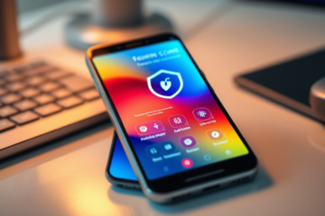 Imagem de um smartphone com aplicativo antivírus em destaque, simbolizando proteção contra ameaças digitais.