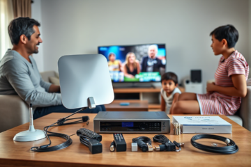 Imagem de um kit de antena digital gratuito com seus componentes.