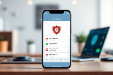 Imagem de um celular mostrando a interface de um aplicativo antivírus gratuito, destacando a segurança em dispositivos móveis.