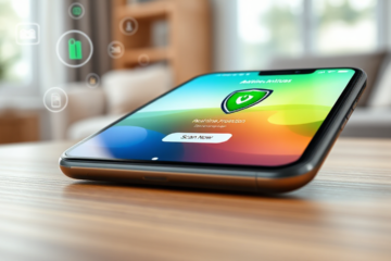 Imagem de um smartphone com aplicativo antivírus gratuito exibido na tela.