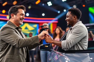 Luciano Hulk durante o programa Troca de Carro, ajudando participantes a transformarem suas vidas com um novo veículo.
