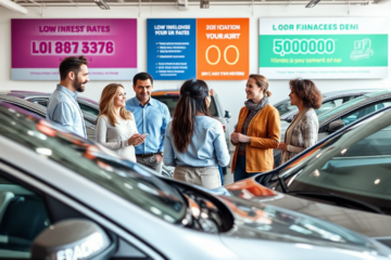 Illustratiewe beeld oor voertuigfinansiering, wat motoropsies en betalingsvoorwaardes toon.
