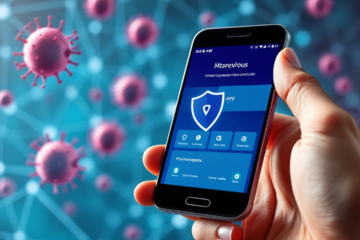 Imagem ilustrativa de um aplicativo antivírus gratuito para celular, destacando a proteção contra malwares e segurança de dados.