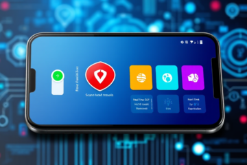 Imagem de um aplicativo antivírus gratuito para smartphone, destacando a proteção contra vírus e malware.