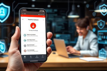 Imagem ilustrativa de um aplicativo antivírus em um smartphone, destacando a proteção contra ameaças digitais.