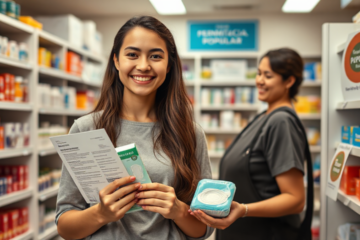 Ilustração de mulheres recebendo absorventes gratuitos na farmácia.
