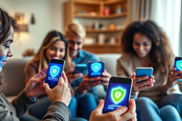 Imagem de um celular com aplicativo antivírus gratuito na tela, simbolizando segurança e proteção de dados.