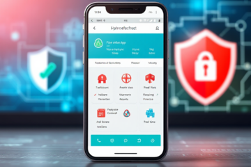 Imagem de um smartphone com antivírus gratuito destacando a proteção contra malware e vírus.