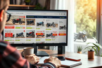 Imagem de motocicletas disponíveis em leilão online, destacando oportunidades de compra a preços acessíveis.