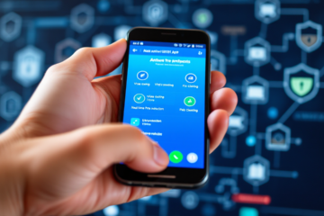 Imagem de um smartphone com ícones de segurança e antivírus