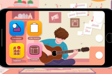 Imagem de um celular mostrando aplicativos para aprender a tocar violão e guitarra