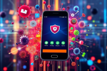 Imagem de um smartphone com aplicativo antivírus gratuito na tela, representando segurança digital.