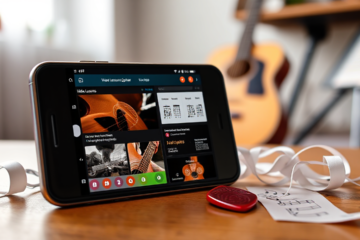 Imagem de um aplicativo para aprender a tocar violão e guitarra grátis com aulas interativas.