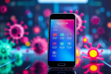 Imagem ilustrativa de um aplicativo de antivírus para celular, simbolizando proteção e segurança digital.