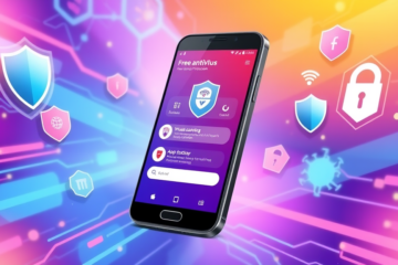 Imagem ilustrativa de um aplicativo antivírus gratuito para smartphones, destacando a proteção contra vírus e malwares.