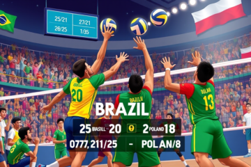 Jogadores da Seleção Brasileira Masculina de Vôlei comemoram a vitória sobre a Polônia na Liga das Nações.