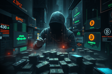 Ilustração sobre Lavagem de Dinheiro e Crime Organizado no Brasil, evidenciando a digitalização financeira e o papel das facções criminosas.