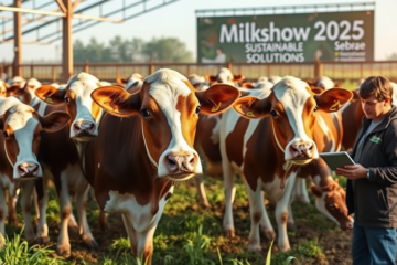 Imagem que ilustra inovações na produção leiteira com foco em tecnologia e bem-estar animal.