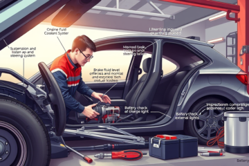 Imagen que ilustra la verificación de elementos clave para revisar un auto antes de viajar, destacando aspectos como motor, transmisión y seguridad.