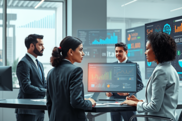 Imagen que representa el uso de inteligencia artificial en decisiones de promoción profesional, con líderes utilizando la tecnología para evaluaciones objetivas.