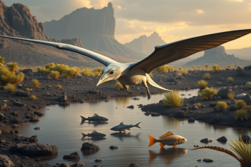 Ilustração do pterossauro Eotephradactylus mcintireae, evidenciando sua mandíbula e características que sugerem seu habitat triássico.