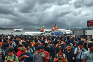 Imagem do caos no Aeroporto devido ao colapso aéreo causado pelo ciclone, com filas longas de passageiros e aeronaves desposicionadas.