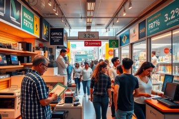 Gráfico mostrando o crescimento das vendas no comércio brasileiro com destaque para equipamentos de escritório e o impacto de fatores econômicos.