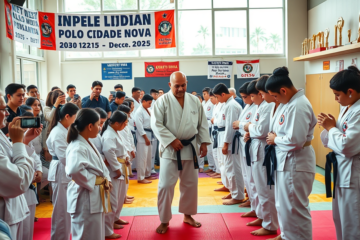 Alunos de judô participando da cerimônia de troca de faixa, com a presença de familiares e comunidade.
