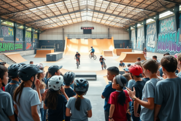 Crianças participam de vivência esportiva de BMX Freestyle no ginásio de esportes radicais