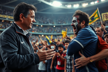 O técnico Dorival Júnior discutindo com um torcedor após o empate entre Corinthians e Vasco na final da Copa do Brasil.